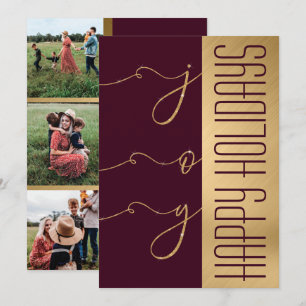 Joy Elegant Gold Burgundy Glitter Photo Holiday Kaart