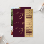 Joy Elegant Gold Burgundy Glitter Photo Holiday Kaart (Voorkant / Achterkant in situ)