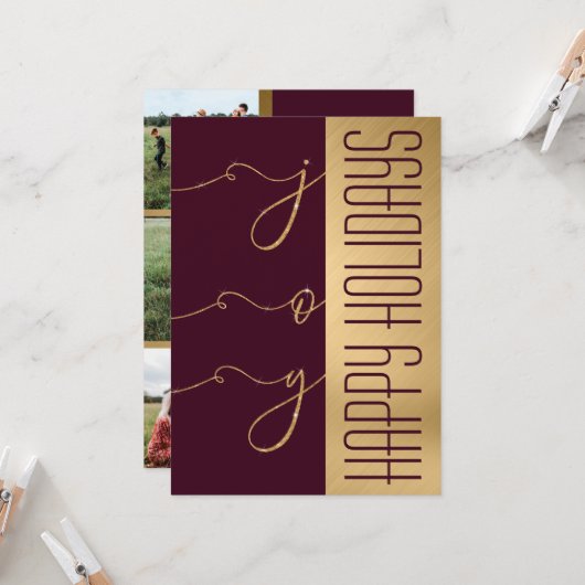 Joy Elegant Gold Burgundy Glitter Photo Holiday Kaart (Voorkant / Achterkant in situ)