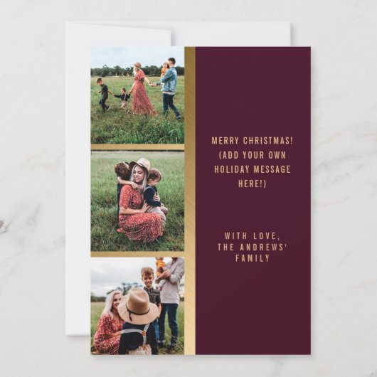 Joy Elegant Gold Burgundy Glitter Photo Holiday Kaart (Achterkant)