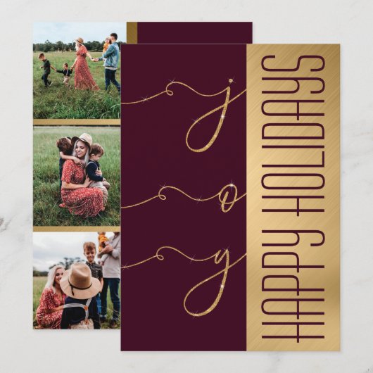 Joy Elegant Gold Burgundy Glitter Photo Holiday Kaart (Voorkant / Achterkant)