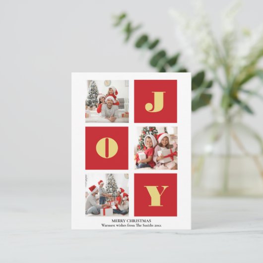 JOY Elegant Gold Snowflakes Moderne Script Photo Briefkaart (Staand voorkant)