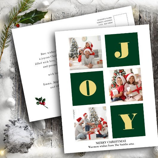 JOY Elegant Gold Snowflakes Moderne Script Photo Briefkaart