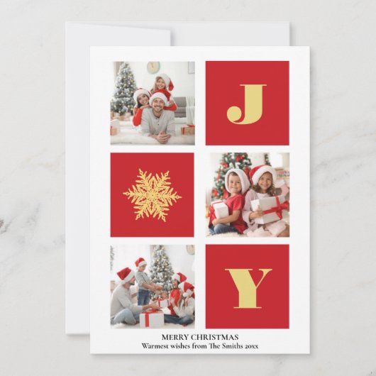 JOY Elegant Gold Snowflakes Moderne Script Photo Feestdagenkaart (Voorkant)