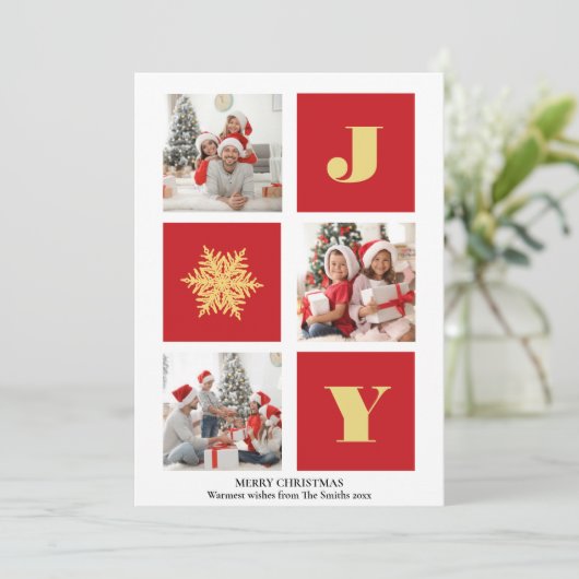 JOY Elegant Gold Snowflakes Moderne Script Photo Feestdagenkaart (Staand voorkant)
