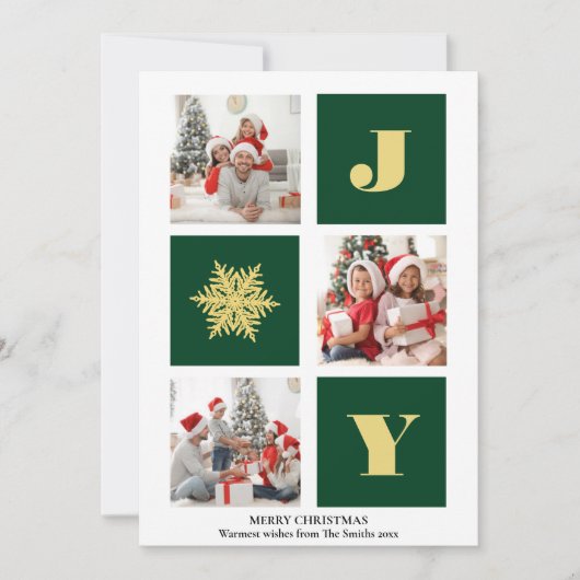 JOY Elegant Gold Snowflakes Moderne Script Photo Feestdagenkaart (Voorkant)