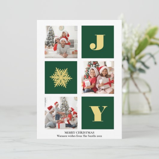 JOY Elegant Gold Snowflakes Moderne Script Photo Feestdagenkaart (Staand voorkant)