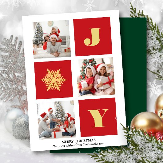 JOY Elegant Gold Snowflakes Moderne Script Photo Feestdagenkaart
