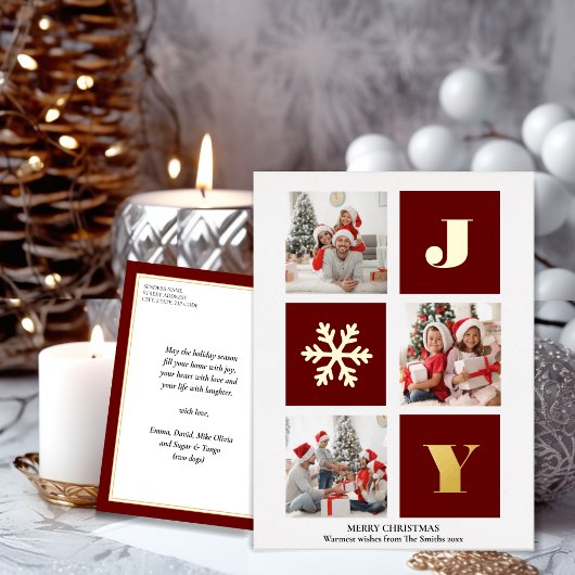 JOY Elegant Gold Snowflakes Moderne Script Photo Folie Feestdagen Briefkaart