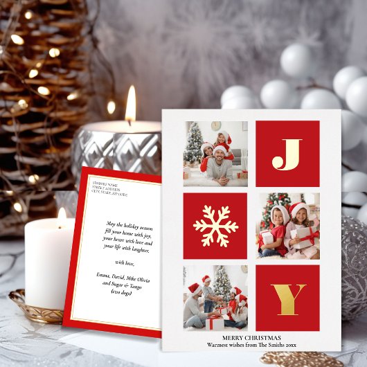 JOY Elegant Gold Snowflakes Moderne Script Photo Folie Feestdagen Briefkaart