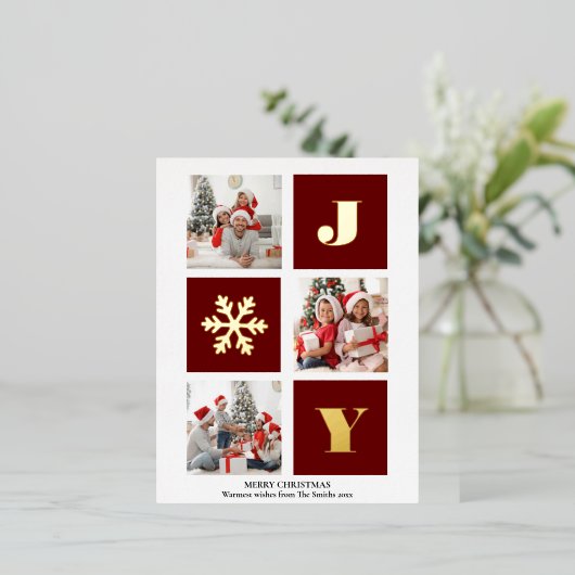JOY Elegant Gold Snowflakes Moderne Script Photo Folie Feestdagen Briefkaart (Staand Voorkant)