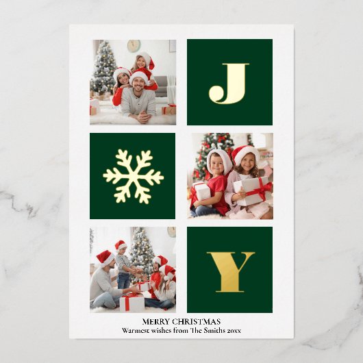 JOY Elegant Gold Snowflakes Moderne Script Photo Folie Feestdagenkaart (Voorkant)