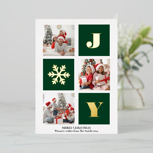 JOY Elegant Gold Snowflakes Moderne Script Photo Folie Feestdagenkaart (Staand Voorkant)
