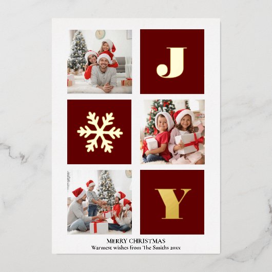 JOY Elegant Gold Snowflakes Moderne Script Photo Folie Feestdagenkaart (Voorkant)