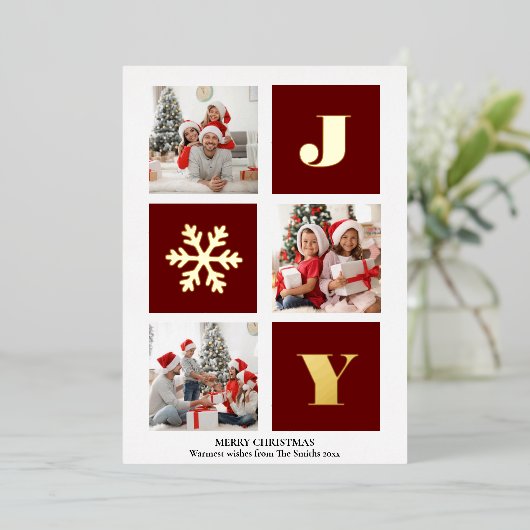 JOY Elegant Gold Snowflakes Moderne Script Photo Folie Feestdagenkaart (Staand Voorkant)