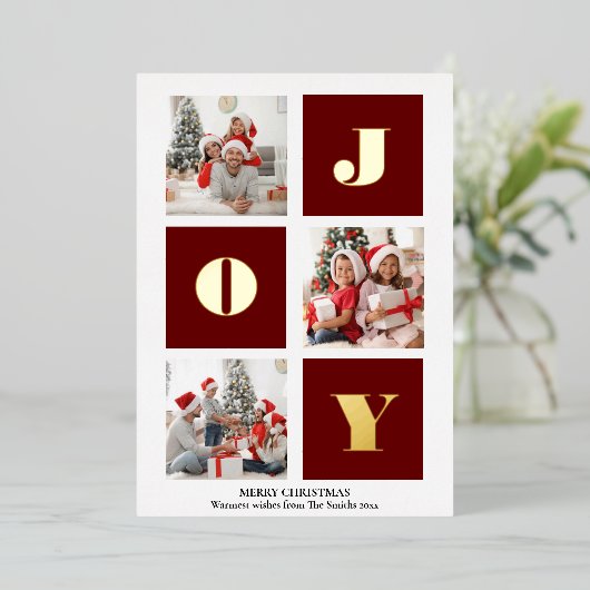 JOY Elegant Gold Snowflakes Moderne Script Photo Folie Feestdagenkaart (Staand Voorkant)