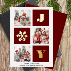JOY Elegant Gold Snowflakes Moderne Script Photo Folie Feestdagenkaart