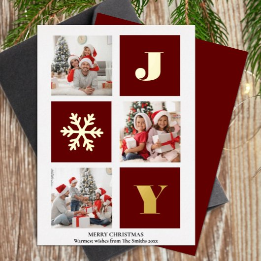 JOY Elegant Gold Snowflakes Moderne Script Photo Folie Feestdagenkaart
