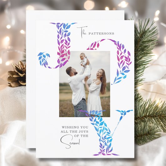 Joy Elegant Kerstmis Bloemen Typografie Foto Feestdagenkaart