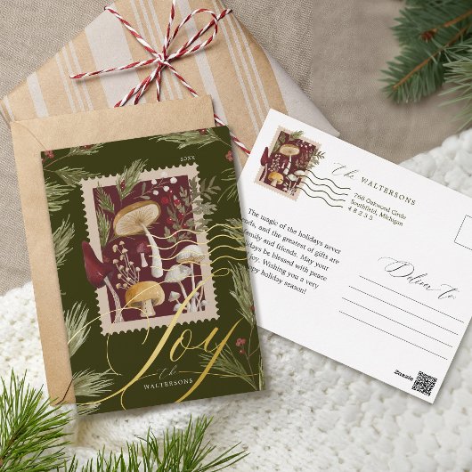 Joy Elegant Script Woodsy Waterverf Paddenstoelen Folie Feestdagen Briefkaart