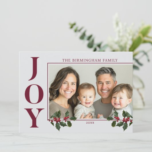 JOY Familie Foto Rood Flat Holiday Kaart (Staand voorkant)
