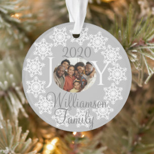 JOY Familie Foto Zilver Grijs Wit Sneeuwvlokken V Ornament