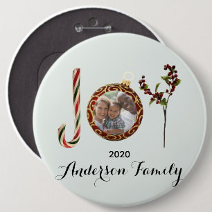 Joy familienaam en foto in kerstversiering ronde button 6,0 cm