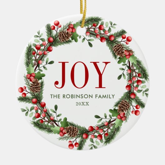Joy Familienaam Kerstkrans Keramisch Ornament (Voorkant)