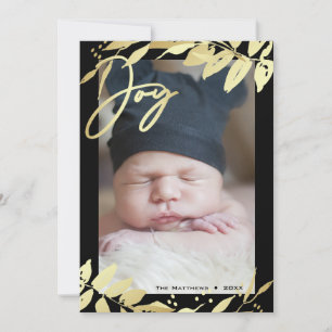 Joy Family Foto Faux Gold Botanische Kerstmis Feestdagenkaart