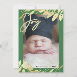 Joy Family Foto Gold Green Botanische Kerstmis Feestdagenkaart