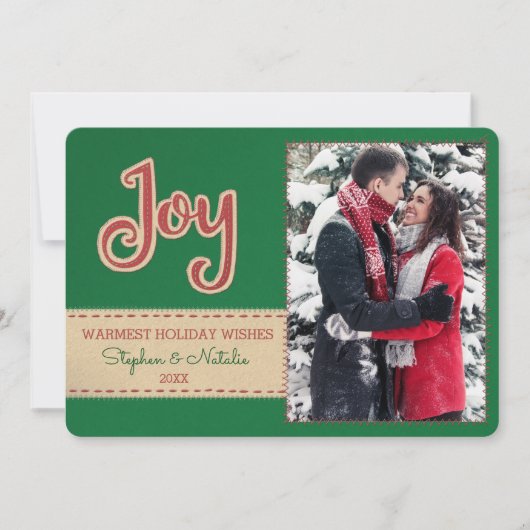 Joy | Faux Felt Embroidery 1 Photo Holiday Feestdagenkaart (Voorkant)