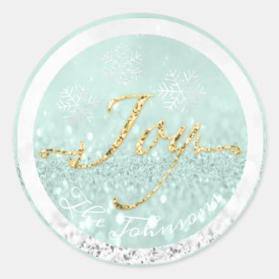 Joy Feestdagen Naam Sneeuwvlokken Blauw Goud Mint Ronde Sticker