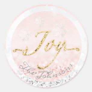 Joy Feestdagen Naam Sneeuwvlokken Roze Goud Glitte Ronde Sticker