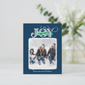 JOY feestelijk blauw modern script kerst foto Feestdagenkaart (Staand voorkant)