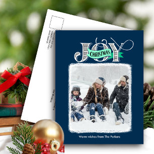 JOY feestelijk blauw modern script kerst foto Feestdagenkaart