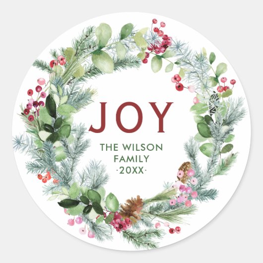 Joy - Feestelijke Kerstkrans Familienaam Ronde Sticker (Voorkant)