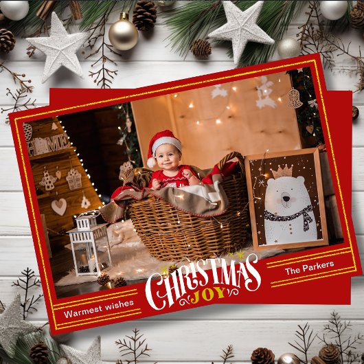 JOY Feestelijke Rode Gouden Script Eenvoudige Foto Feestdagenkaart