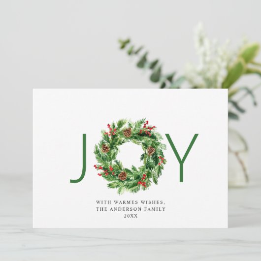 JOY Festieve Hulst Kerst Bes Wreath Kerstmis 2 Fot Feestdagenkaart (Staand voorkant)