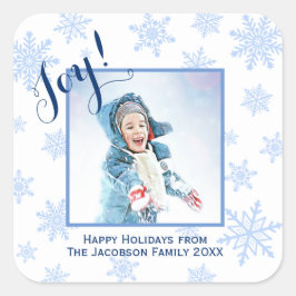 Joy! Festive Blue Snowflakes Prettige feestdagen F Vierkante Sticker
