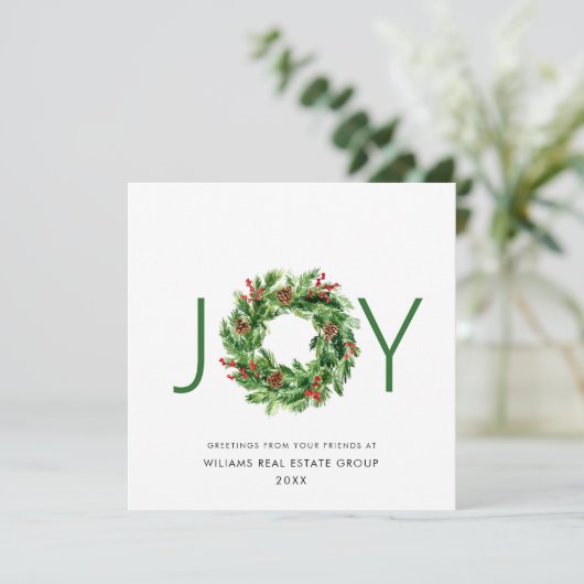 JOY Festive Holly Berry Wreath kerstgroet Feestdagenkaart (Staand voorkant)