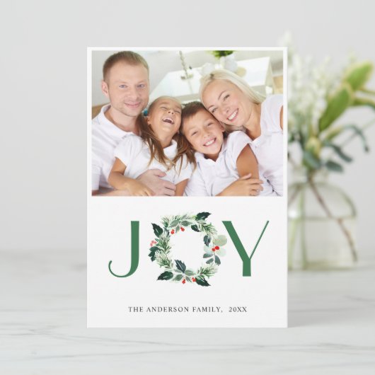 JOY Festive Holly Wreated Kerstmis PHOTO Greeting Feestdagenkaart (Staand voorkant)