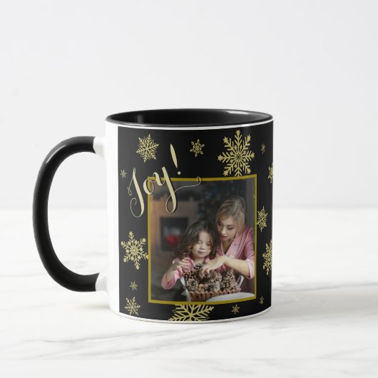 Joy! Festive Snowflakes Foto Lijst Black & Gold Mok (Links)