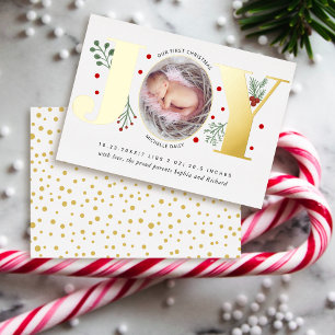 Joy First Kerstfeest baby, geboortedatum goud Folie Feestdagenkaart
