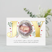 Joy First Kerstfeest baby, geboortedatum goud Folie Feestdagenkaart (Staand Voorkant)