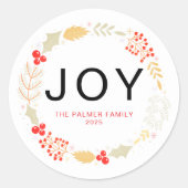 Joy - Floral Christmas Wreath familienaam Ronde Sticker (Voorkant)