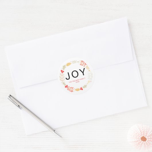 Joy - Floral Christmas Wreath familienaam Ronde Sticker (Envelop)