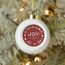 Joy Floral Christmas Wreath Family Custom Name Keramische Bal Ornament