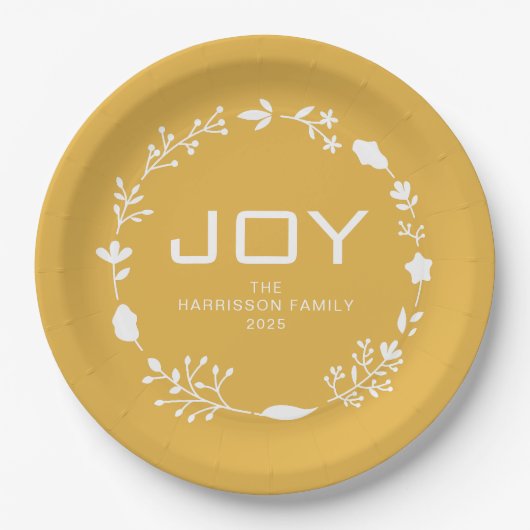 Joy Floral Christmas Wreath Family Custom Name Papieren Bordje (Voorkant)