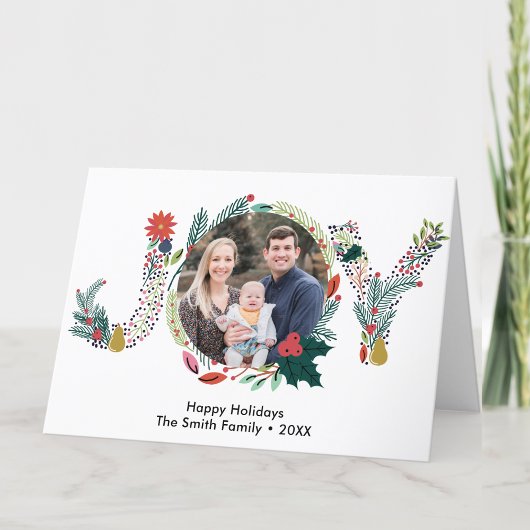 JOY Floral Red Poinsettia Pine Bough Wreatfoto Feestdagen Kaart