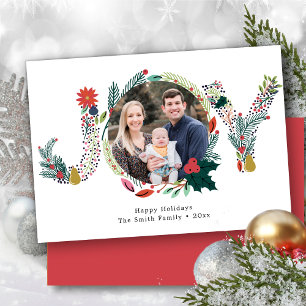 JOY Floral Red Poinsettia Pine Bough Wreatfoto Feestdagenkaart